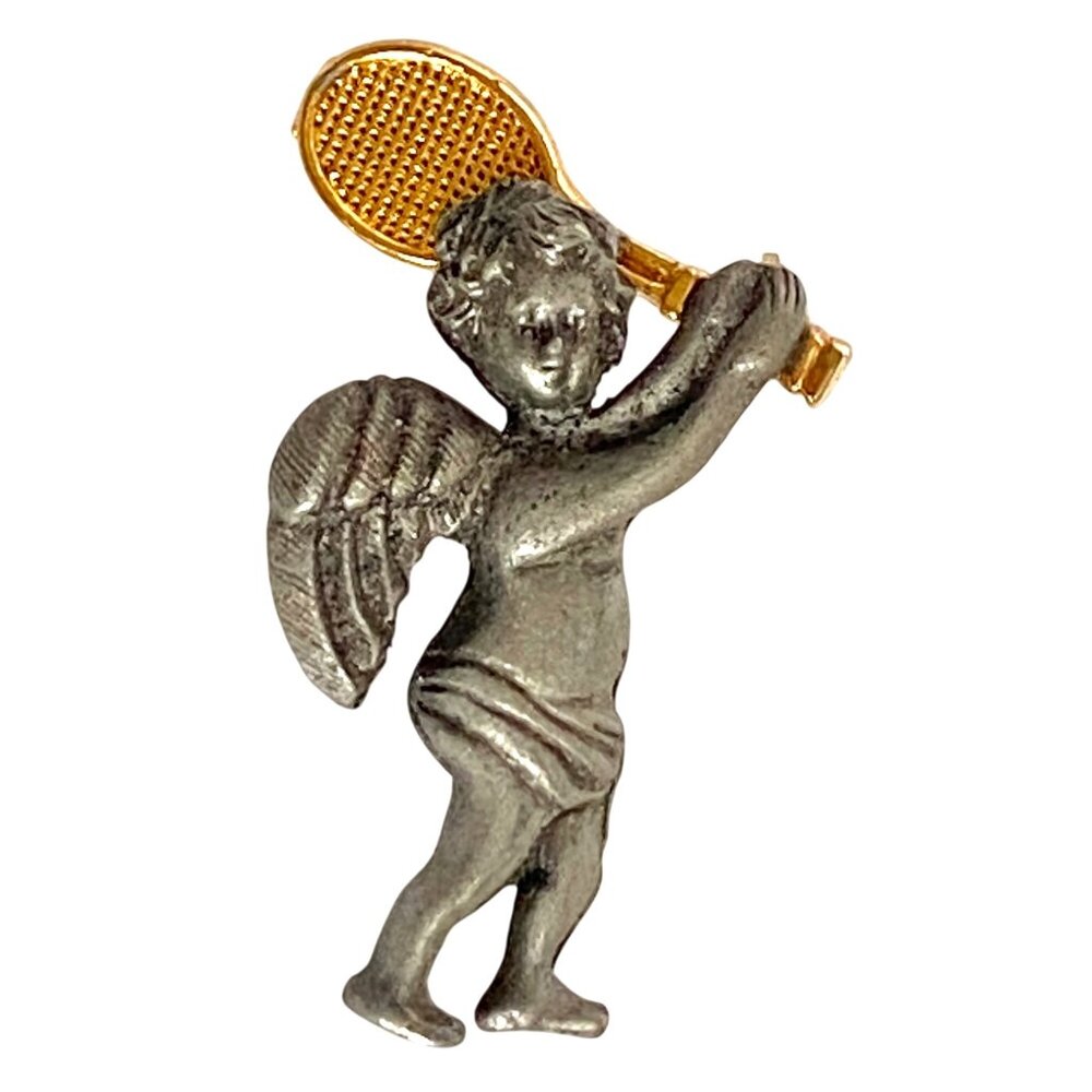 Camco Pewter Guardian Angel with Gold Tone Tennis Racket Sporty Pin 1.25in